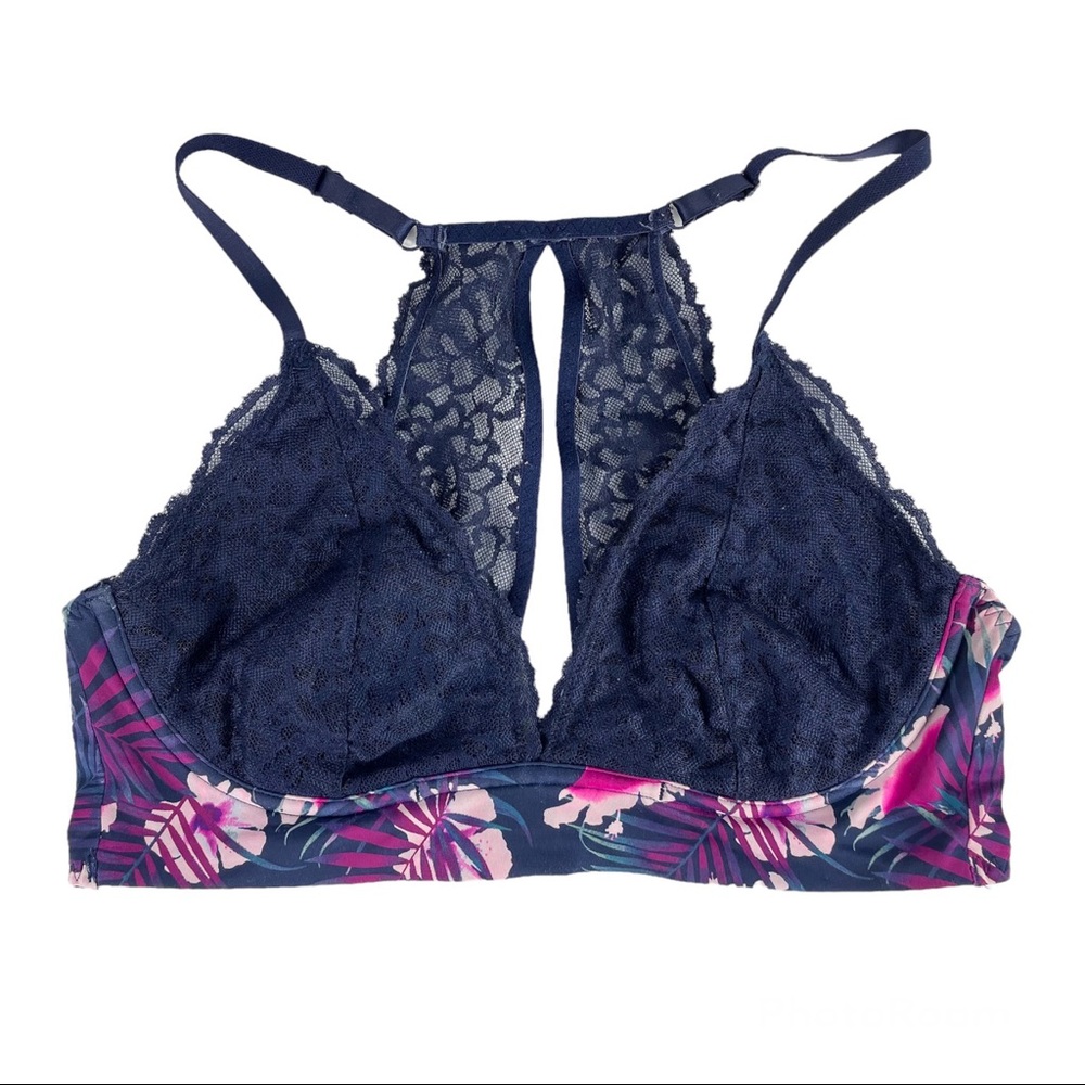 PINK Victoria’s Secret Sz Medium Blue Floral Lace Bralette Racerback Boho